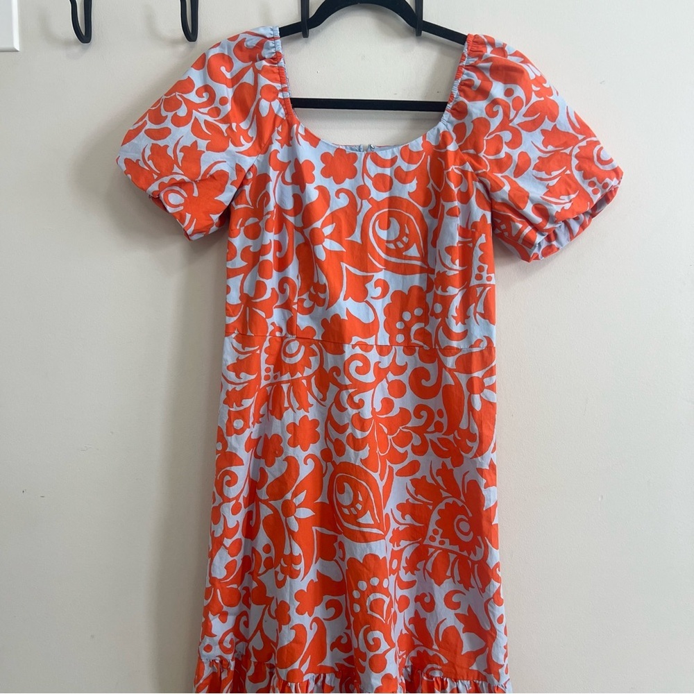Talbots Orange Floral Puff Sleeve Poplin Midi Dress Spring Cotton Resortwear - Picture 3 of 10